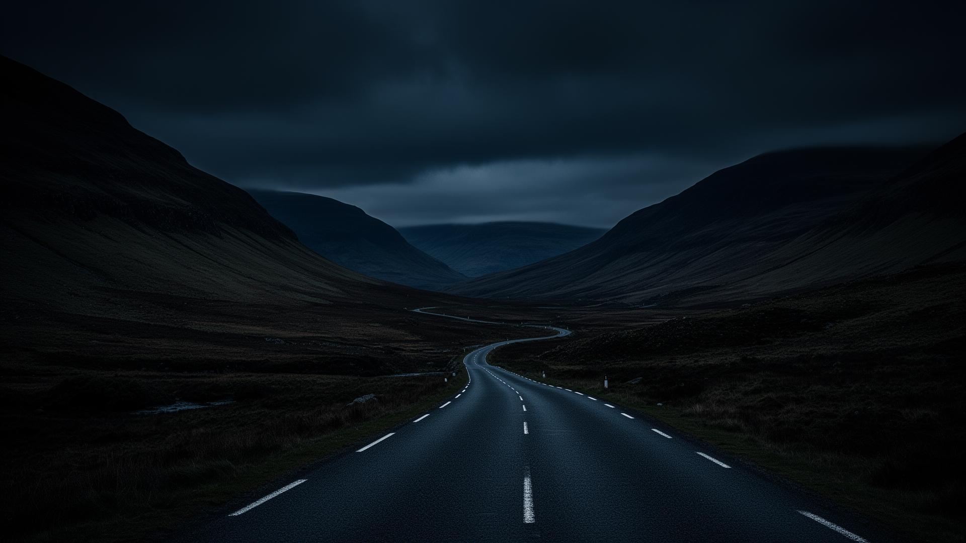 Open road through dark Cumbrian fells at dusk