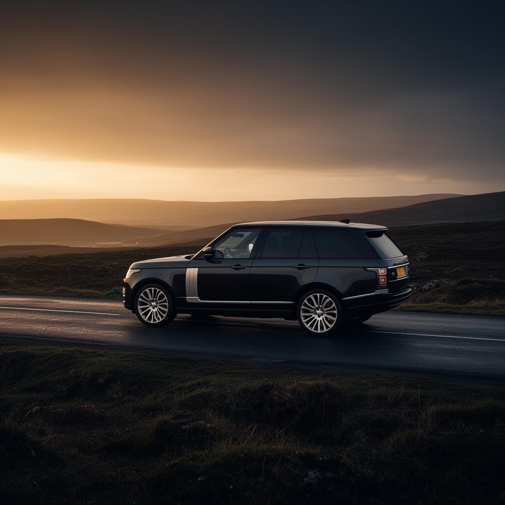 Range Rover on an open moorland road at dusk